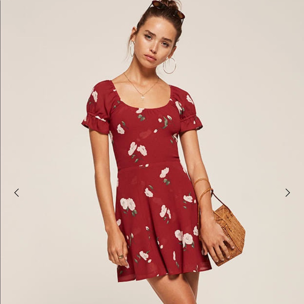 Red Floral Reformation Arlene Mini Dress